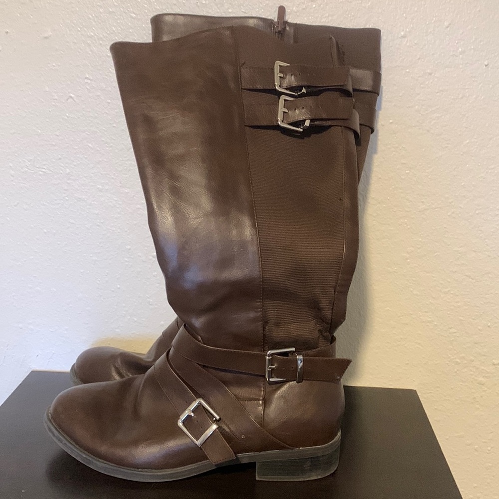 Torrid size 12 brown faux leather knee high wide elastic calf boots